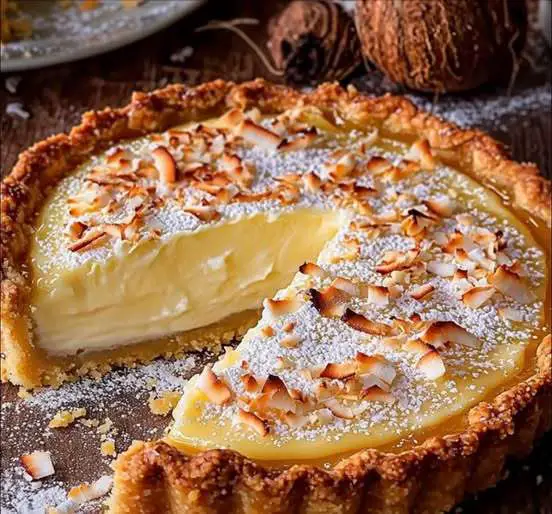 Une tarte à la crème coco dorée, garnie de noix de coco râpée, présentée sur un plateau tropical.