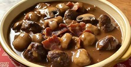 Joue de bœuf mijotée avec champignons et sauce au vin rouge