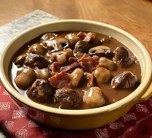 Joue de bœuf mijotée avec champignons et sauce au vin rouge