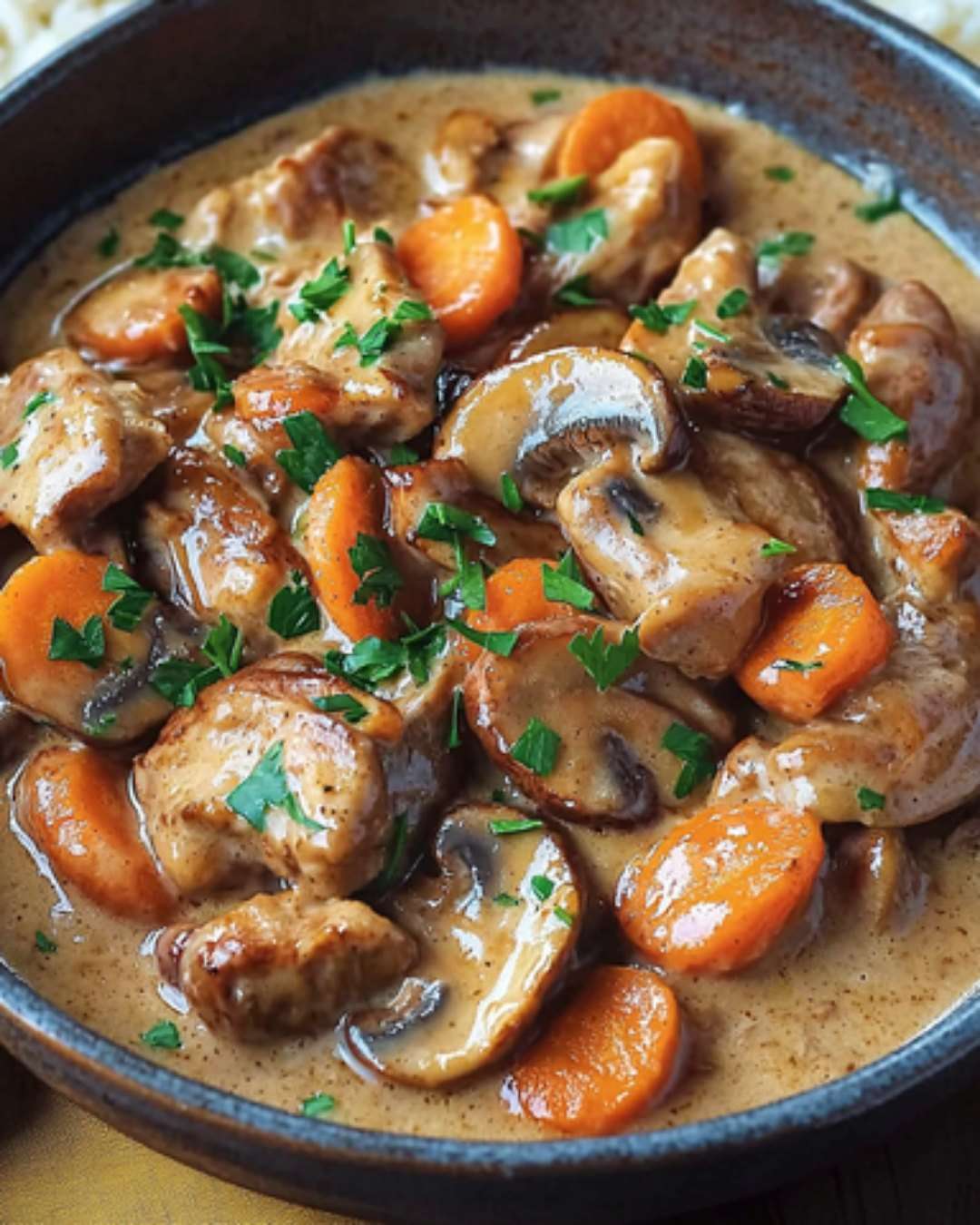 Une poêlée crémeuse de porc aux champignons et carottes, servie dans une assiette avec du riz pilaf et garnie de thym frais.