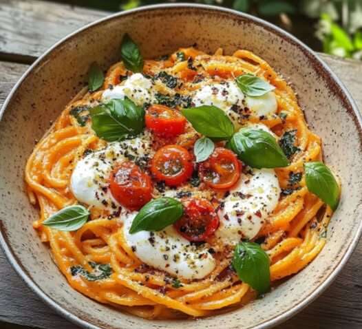 Assiette de spaghetti à la crème de poivron rouge et mozzarella fondante garnie de basilic frais