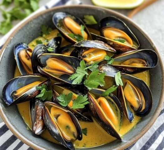 Mouclade charentaise servie dans un plat creux avec moules nappées de sauce crémeuse et pain de campagne