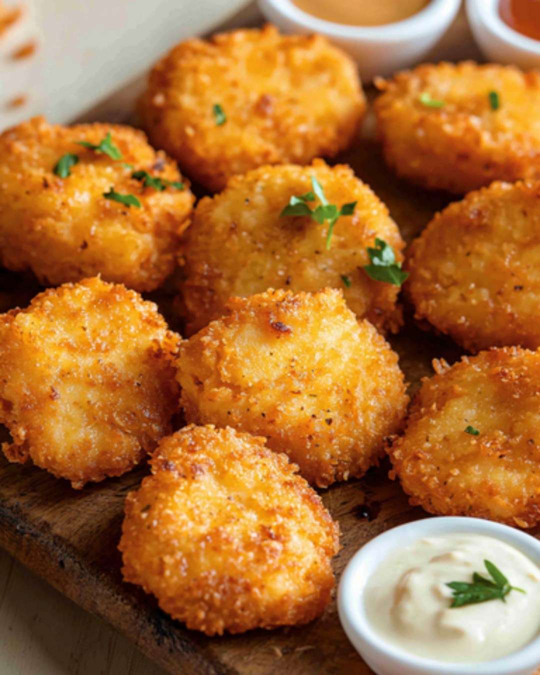 Nuggets maison dorés et croustillants, servis avec une sauce barbecue et une salade verte.