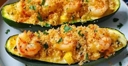 Courgettes gratinées aux crevettes, chapelure Panko dorée et persil frais