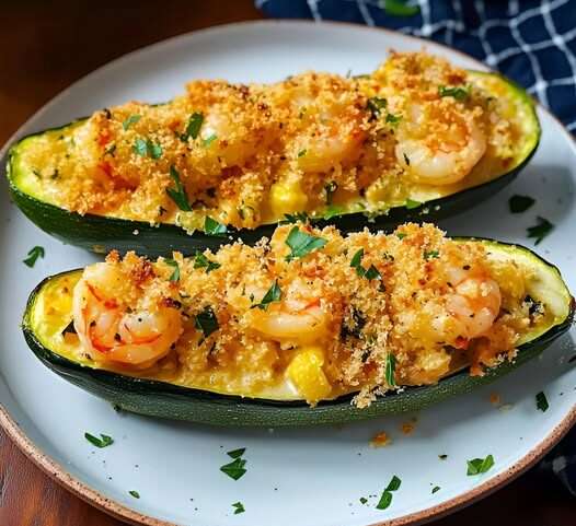 Courgettes gratinées aux crevettes, chapelure Panko dorée et persil frais