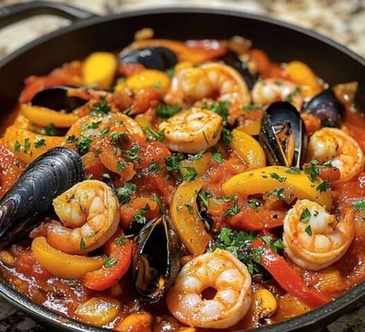 Poêlée espagnole de fruits de mer garnie de poivrons rouges et verts dans une poêle