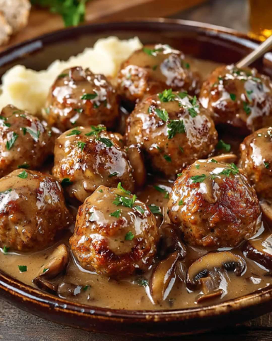 Boulettes de viande dorées servies dans une sauce crémeuse aux champignons, garnies de ciboulette fraîche et accompagnées de tagliatelles.