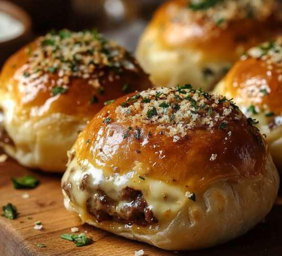 Bombes au cheeseburger dorées, enrobées de beurre à l’ail et parmesan, servies avec une sauce barbecue sur une assiette festive.