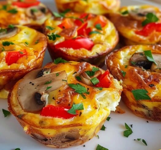 Muffins aux œufs et légumes dorés avec fromage fondu dans un moule à muffins