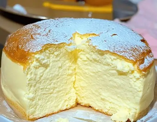 Gâteau nuage au yaourt moelleux, doré et saupoudré de sucre glace, présenté sur une assiette avec une tasse de thé à côté.