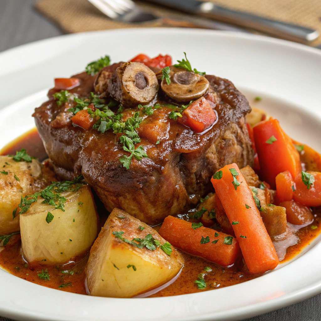 Osso Buco mijoté avec jarrets de veau, légumes colorés et sauce onctueuse, servi dans une assiette avec du risotto crémeux.