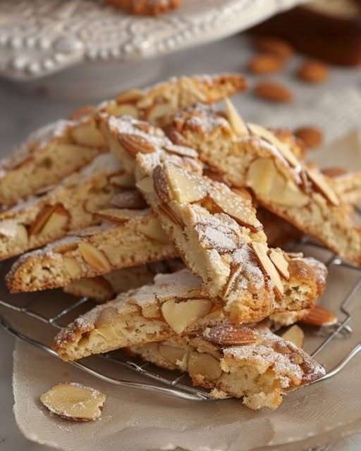 Croquants aux amandes dorés et croustillants, alignés sur une grille de refroidissement, avec des éclats d'amandes effilées sur le dessus.