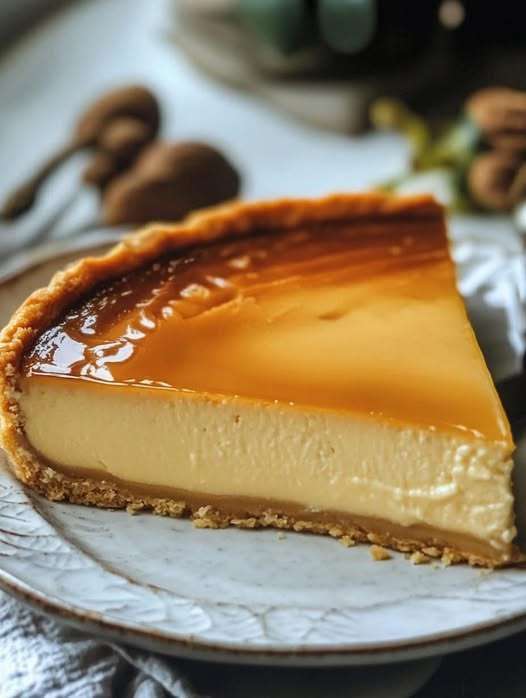 Tarte au caramel et crème légère, joliment décorée avec un filet de caramel doré, servie sur une assiette avec une cuillère en argent.