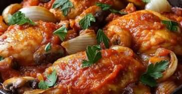 Un plat de Poulet Marengo moderne, garni de champignons et persil frais, accompagné de riz.