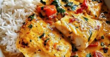 Poisson blanc mijoté au lait de coco avec riz au gingembre, garni de coriandre fraîche dans une assiette élégante.