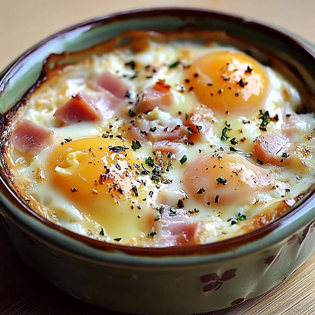 Œufs cocotte au jambon et comté fondant, servis dans des ramequins avec du pain grillé en accompagnement.