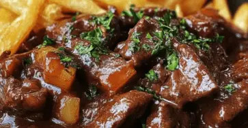 Assiette de carbonade flamande avec frites dorées et bouquet de persil