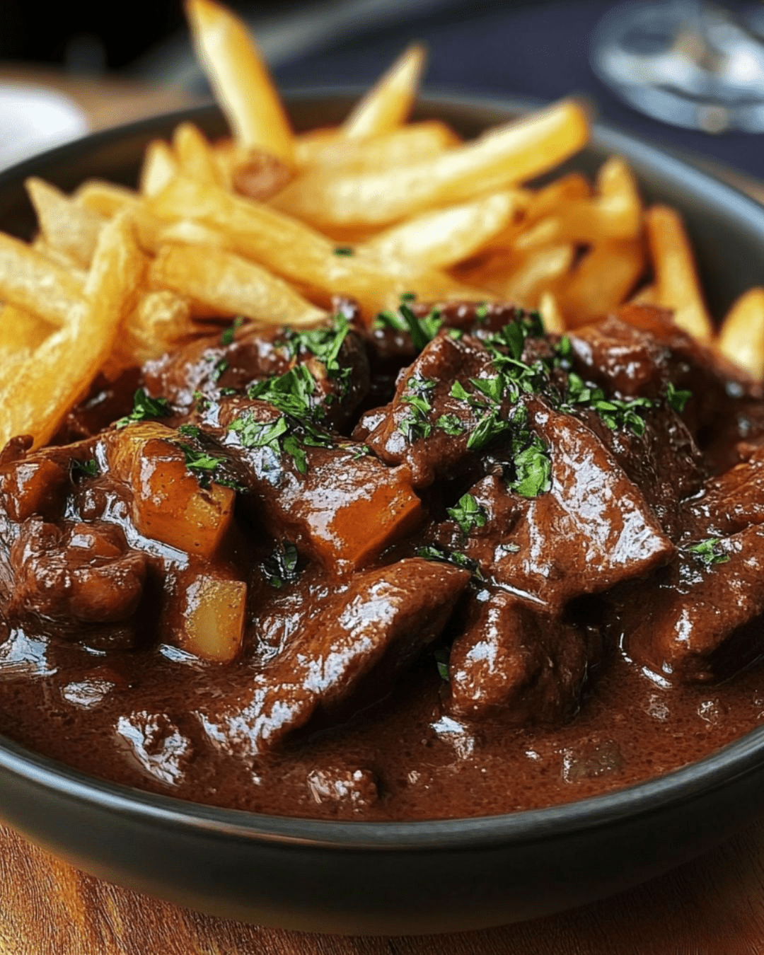 Assiette de carbonade flamande avec frites dorées et bouquet de persil