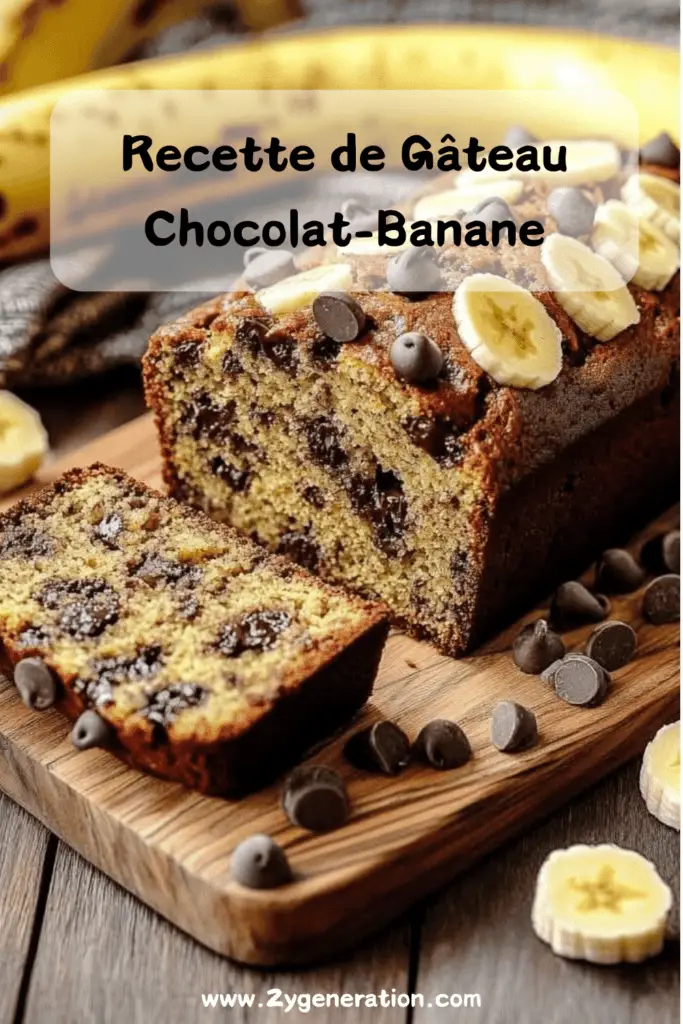 Gâteau chocolat-banane doré et moelleux, garni de pépites de chocolat fondant et d’une banane caramélisée sur le dessus, servi sur une assiette.