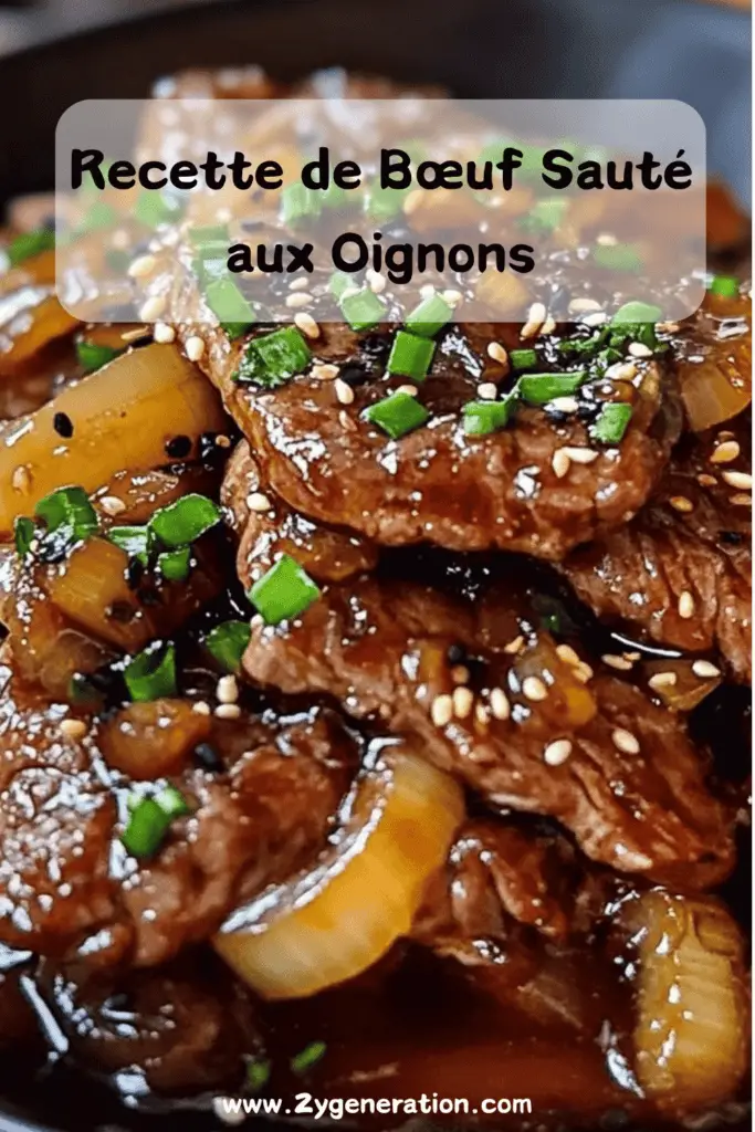 Assiette de bœuf sauté aux oignons avec des tranches de bœuf dorées, des oignons caramélisés et une garniture de persil frais, servie avec du riz blanc.