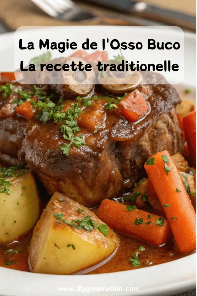 Osso Buco mijoté avec jarrets de veau, légumes colorés et sauce onctueuse, servi dans une assiette avec du risotto crémeux.