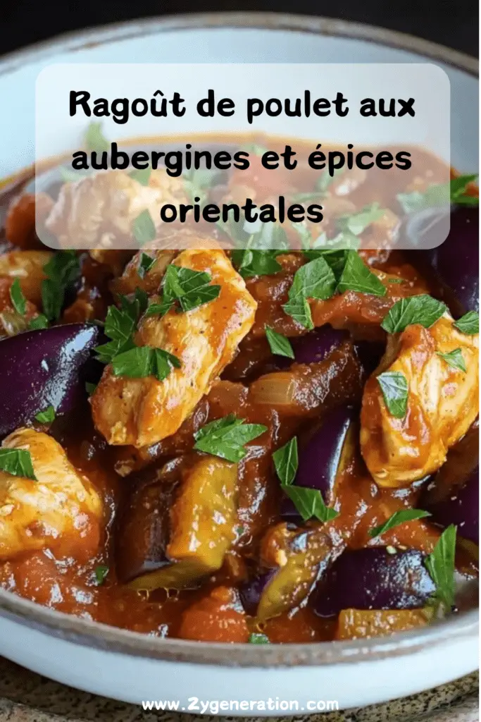 Un plat de ragoût de poulet aux aubergines et épices orientales, servi avec des herbes fraîches et du pain.