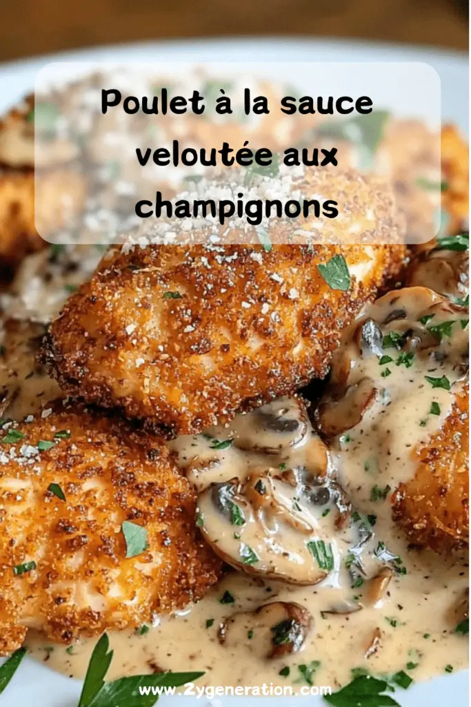 Poulet croustillant accompagné d'une sauce crémeuse aux champignons, garni de persil frais et servi avec des pâtes.