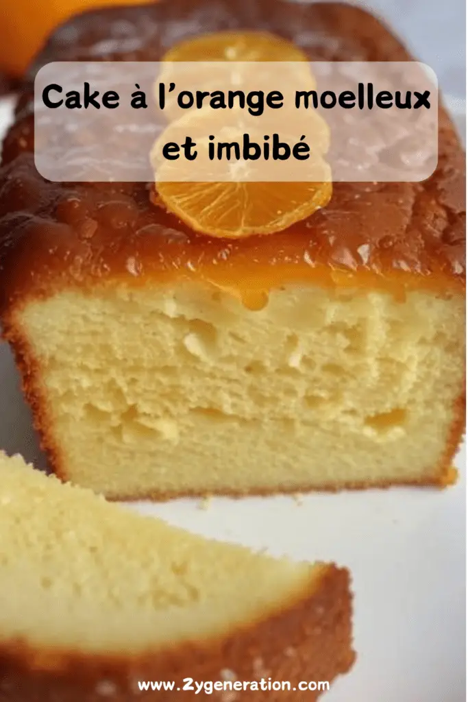 Un cake à l’orange doré, imbibé de sirop et garni de zestes d’orange et de sucre glace.