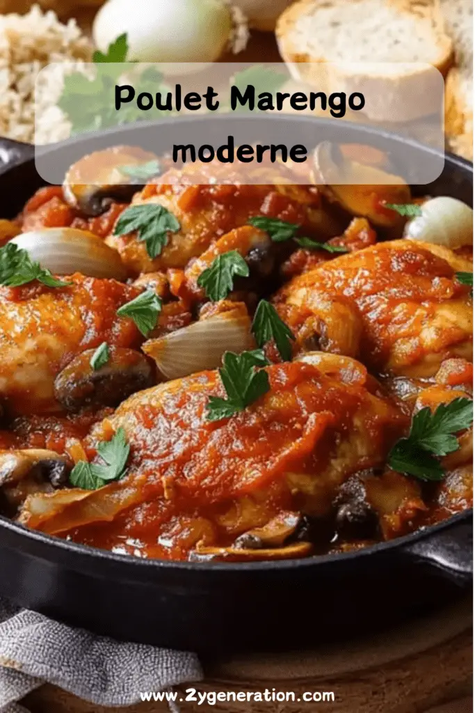 Un plat de Poulet Marengo moderne, garni de champignons et persil frais, accompagné de riz.