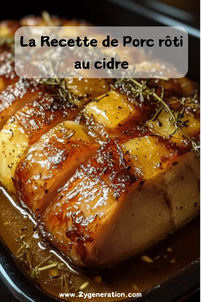 Une épaule de porc rôti au cidre, garnie de romarin et servie avec des pommes caramélisées et des légumes rôtis.