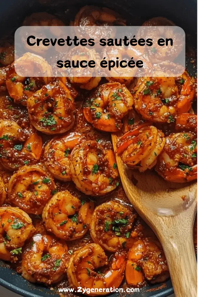 Crevettes sautées nappées d’une sauce épicée rouge, garnies de persil frais et servies avec du riz.