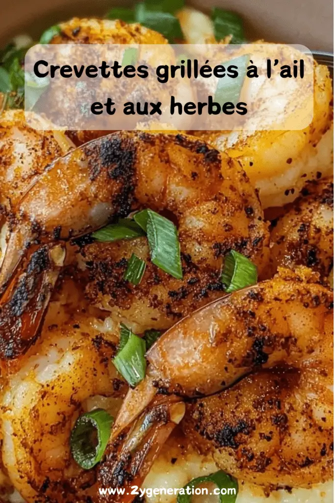 Crevettes grillées à l’ail et aux herbes, dorées et juteuses, servies avec du citron et du persil frais.