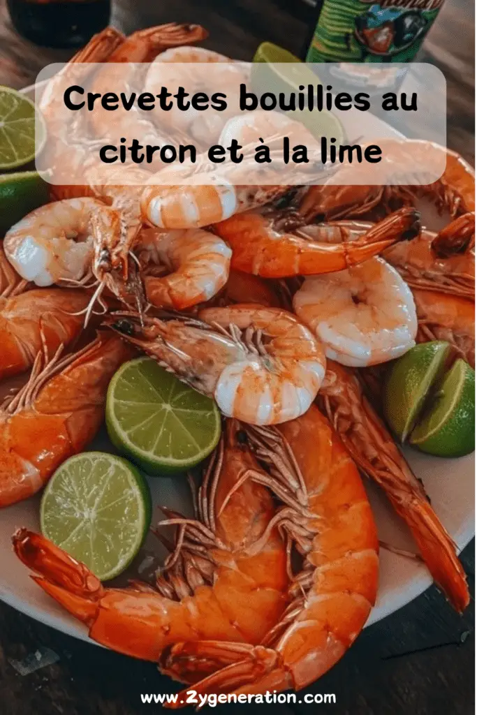 Crevettes bouillies, servies avec des quartiers de citron et de lime, garnies de persil frais.