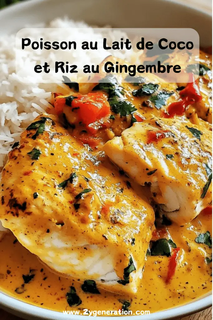 Poisson blanc mijoté au lait de coco avec riz au gingembre, garni de coriandre fraîche dans une assiette élégante.