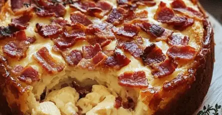 Cake au camembert fondant et lardons dorés coupé en tranches sur une assiette