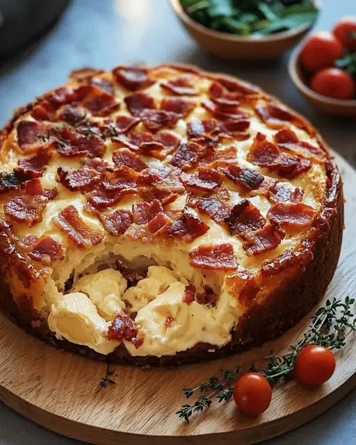 Cake au camembert fondant et lardons dorés coupé en tranches sur une assiette