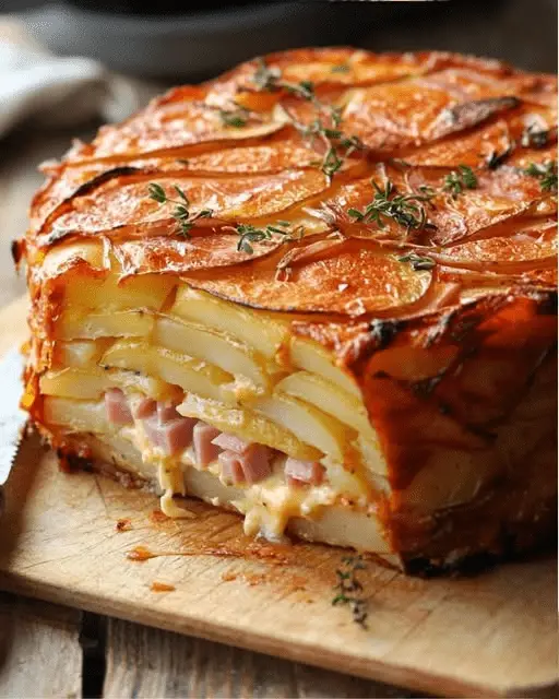 Gâteau de pommes de terre au jambon et mozzarella doré avec persil frais sur le dessus