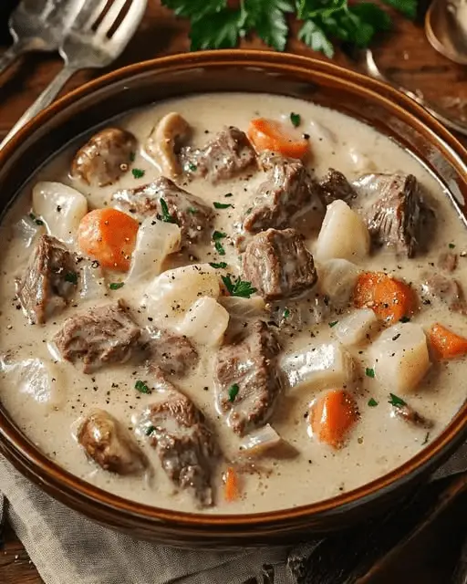 Blanquette de bœuf servie dans une assiette avec une sauce crémeuse et des légumes