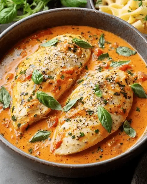 Filets de poulet nappés d'une sauce crémeuse à la tomate, garnis de basilic frais, servis avec du riz et des légumes grillés.