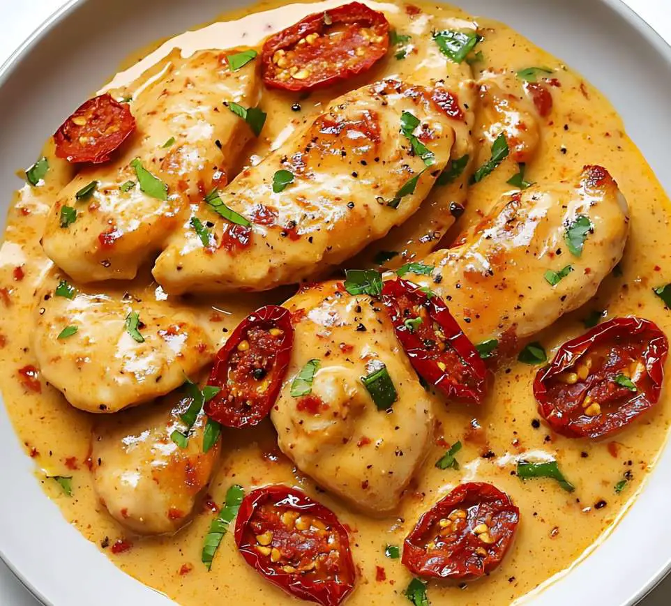 Aiguillettes de poulet nappées de sauce crémeuse au chorizo, garnies de piments et de tomates confites, servies dans une assiette élégante