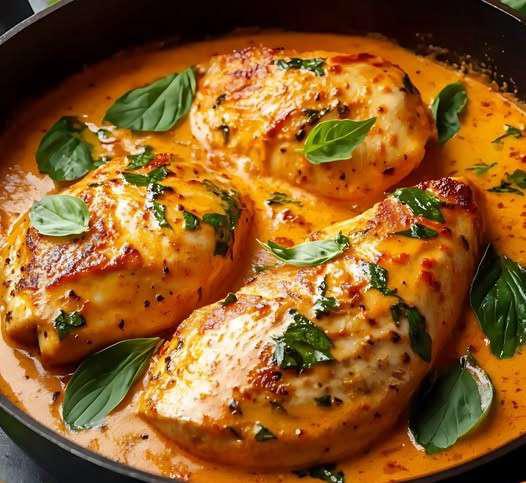 Filets de poulet nappés de crème de tomate onctueuse, garnis d'herbes fraîches