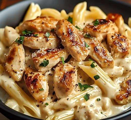 Assiette de pâtes et poulet au Boursin, garnie de persil frais et de copeaux de parmesan