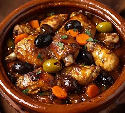 Tajine de poulet aux épices, servi avec des légumes et des fruits secs dans un plat en terre cuite traditionnel