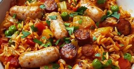 Plat de jambalaya créole avec riz, poulet, crevettes, légumes colorés et persil frais