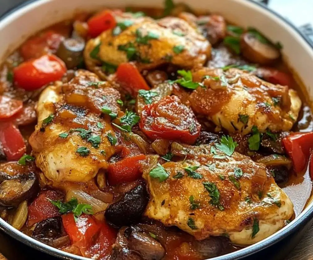 Plat de poulet Marengo servi avec des croûtons dorés et des pâtes fraîches.