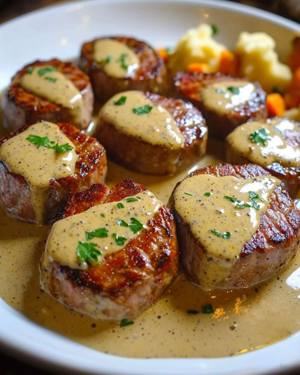 Filet mignon tranché, nappé d'une sauce crémeuse à la moutarde et au miel, servi avec des légumes de saison.