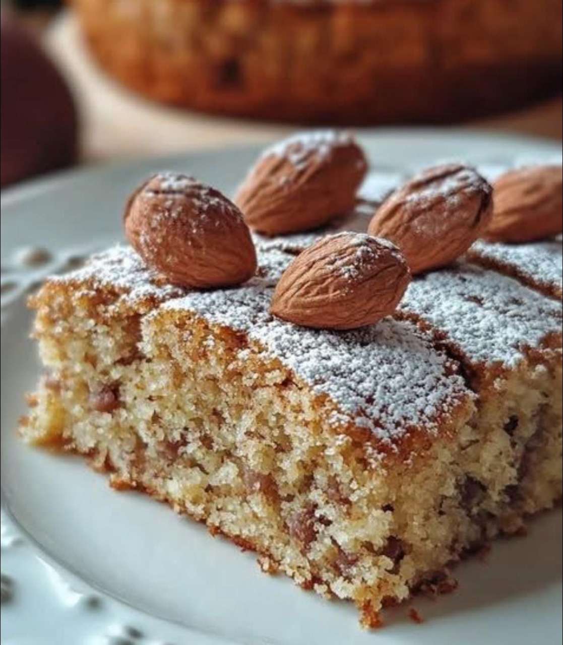 Un gâteau aux noisettes doré et moelleux, saupoudré de sucre glace, servi sur une assiette avec des noisettes entières en décoration.