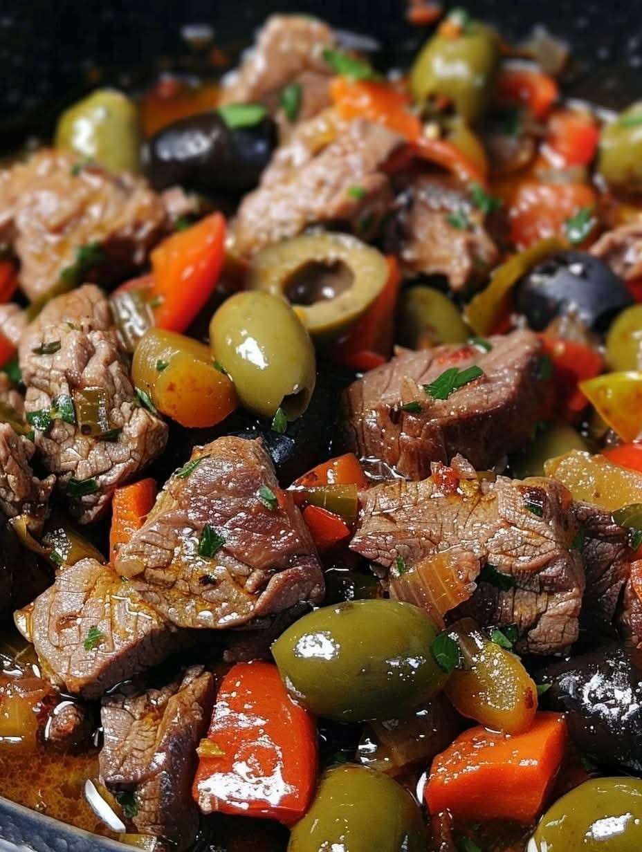 Sauté de veau mijoté avec des olives vertes et des tomates, servi dans une cocotte, garni de persil frais.