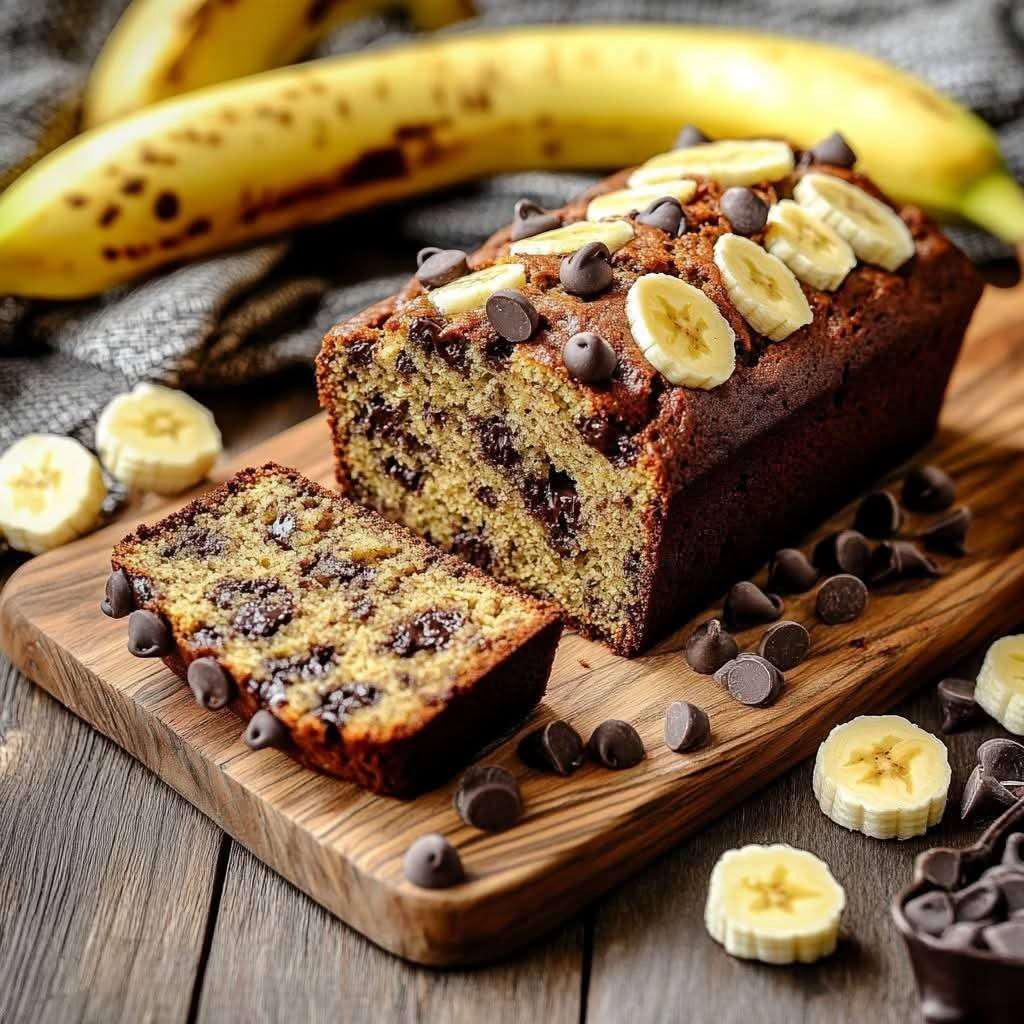 Gâteau chocolat-banane doré et moelleux, garni de pépites de chocolat fondant et d’une banane caramélisée sur le dessus, servi sur une assiette.