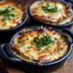 Un gratin d’aubergines doré et gratiné, garni de fromage fondu et de basilic frais, servi dans un plat en céramique.